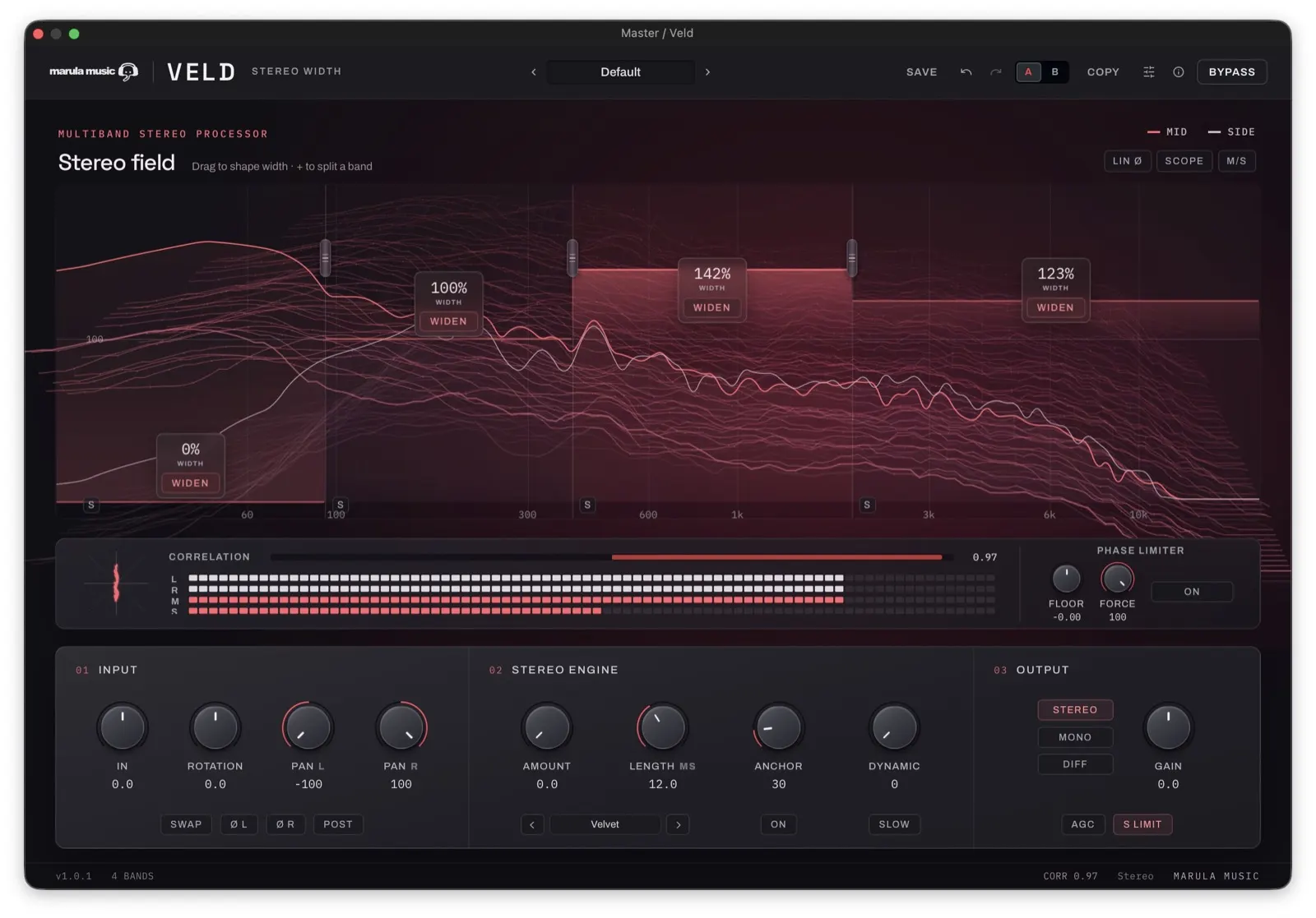 Veld editor — enlarged view of the left side, showing the stereo field and input controls